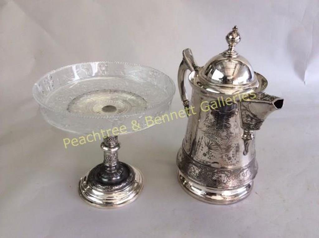 Two American Victorian Silverplated Items: Consisting a silver hot water kettle by Darby silver company with aesthetic style decoration with compote consisting of silverplated stand by Reed & Barton. relied decorated glass bowl with frolicking