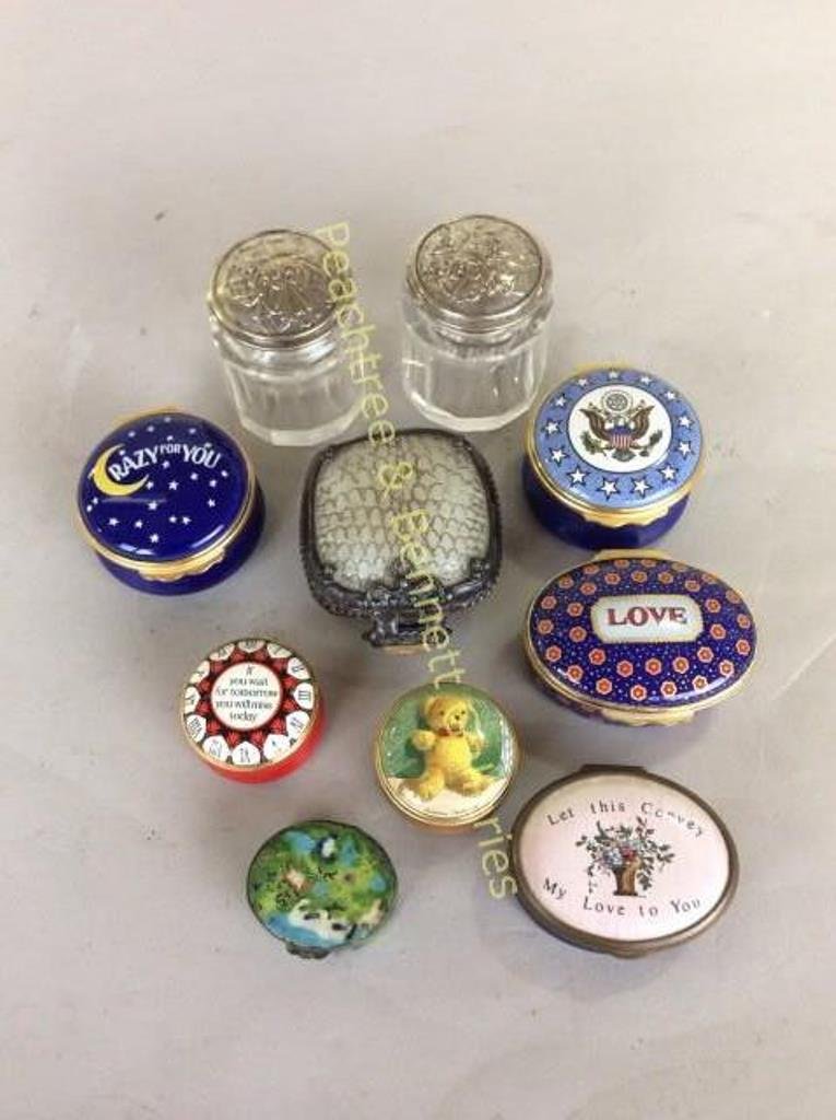 Group of 10 Patch Boxes Halcyon & Davis Enamels: Including eight enameled and two crystal and silver capped lids. Average 1"H X 1 1/2"W