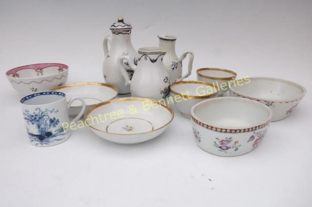 Group Chinese Export Porcelain: 11 pcs including two dishes, three bowls, three cups, and three pitchers. Note: chip to one of the pitchers Tallest measures 5.25"H