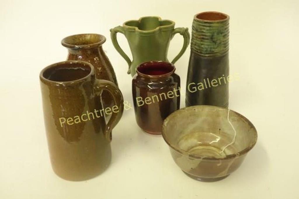 Group Pottery Items Conyers Monastery etc: Group of six art pottery articles including two signed Conyers Monastery, one signed Olga (Heatley), one vase marked "horse leg creek" and two without identifying marks. 3.75"-10"H