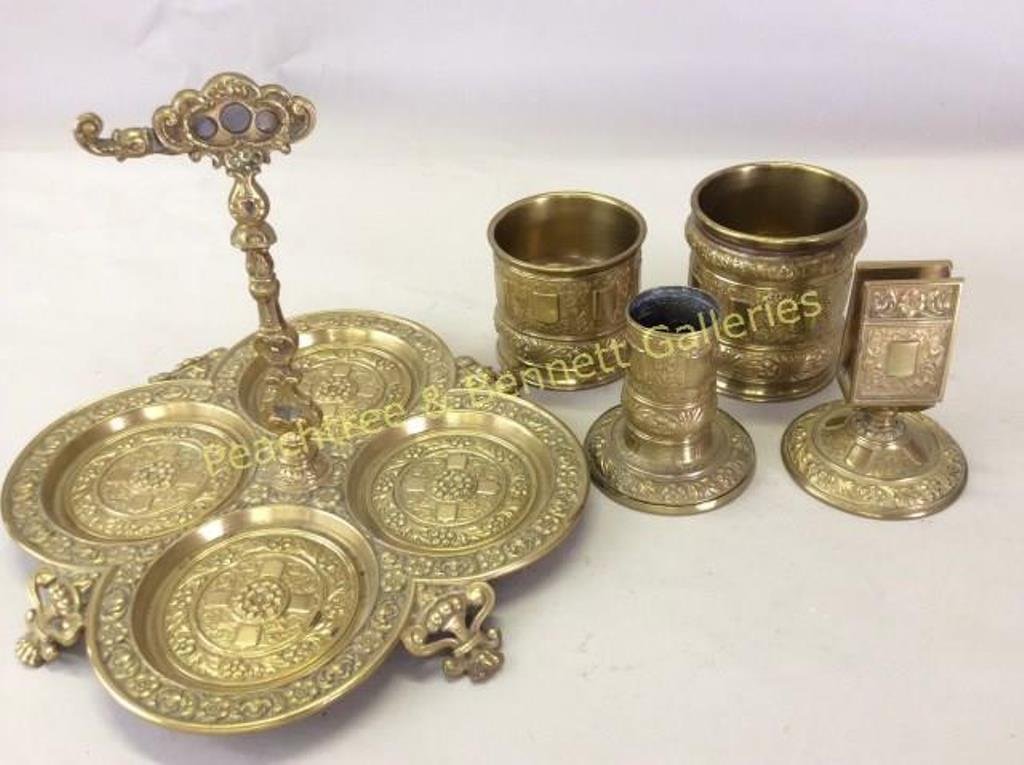 Victorian Brass Cigar Cutter and Stand: With four footed tray with cigar cutter finial with four accompanying pieces. 8"H