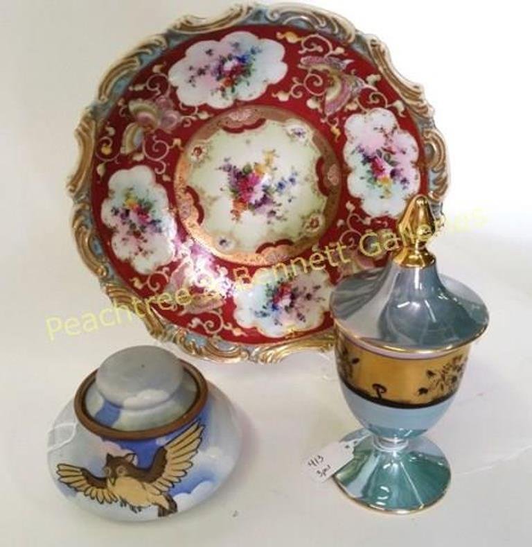 Japanese Humidor, Charger, Jar: Includes hand-painted Nippon Humidor decorated with an owl (4"H X 5.5"L) and charger (12"D), Noritake Covered jar(9.5"H)
