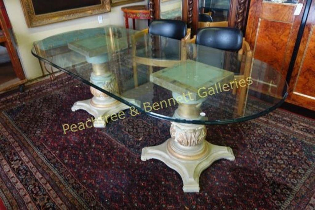 Karges French Style Glass Top Table Dining Table: Two pedestal base dining table with oval beveled glass top. 28 1/2" H X 86" L X 43" W