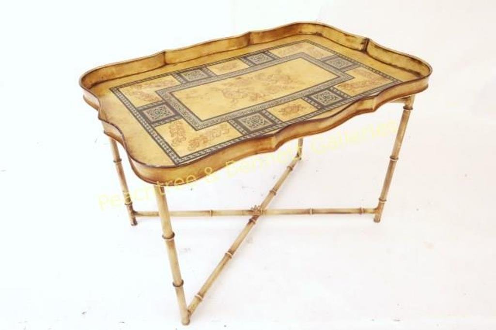 Tole Tray on Folding Stand: Italian, galleried decorated tray in Moroccan design with metal bamboo form stand. 18" H X 25 1/2" W X 17" D