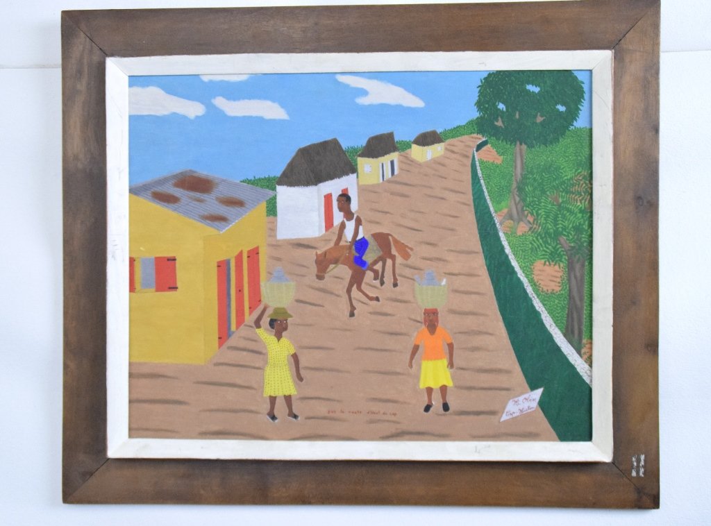 Harrison Obin Haitian Painting: Oil on Masonite depicting figures on a city street. Signed lower right and titled center. Information verso and dated 1951. Housed in a wood frame. Sight: 16 inches height, 20 inches width. Good condi