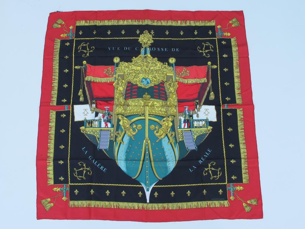 Hermes Silk Scarf "La Vue Du Carosse De La Galerie: La Reale" depicting a boat in a an elaborate neoclassical motif. 34 inches height, 34 inches width.34"H x 34"W