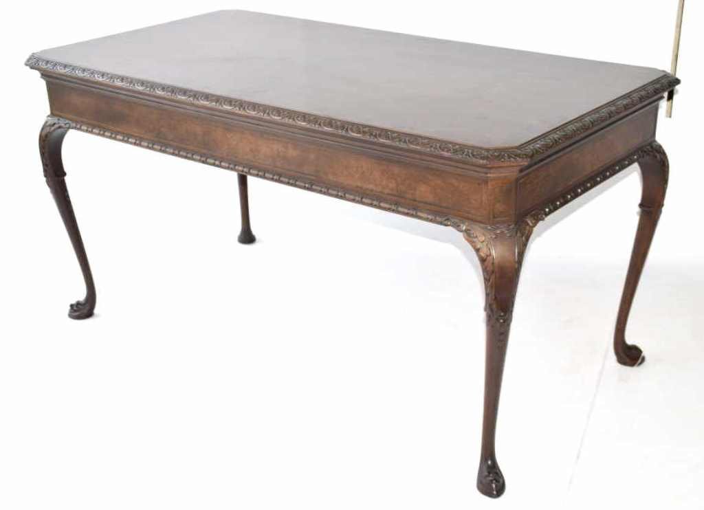 Mahogany Library Table: Mahogany Library table having carved skirt and Queen Ann style legs with carved hoof feet height 31 inches, width 60 inches, depth 32 inches 31 inches height, 60 inches width, 32 inches depth.31"H x 6