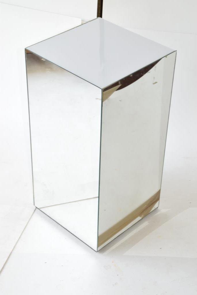 Mid Century Mirrored Pedestal with Light: Mirrored pedestal with translucent top and bulb underneath to light what is placed on top. 24 inches height, 12 inches width, 12 inches depth.24"H x 12"W x 12"D