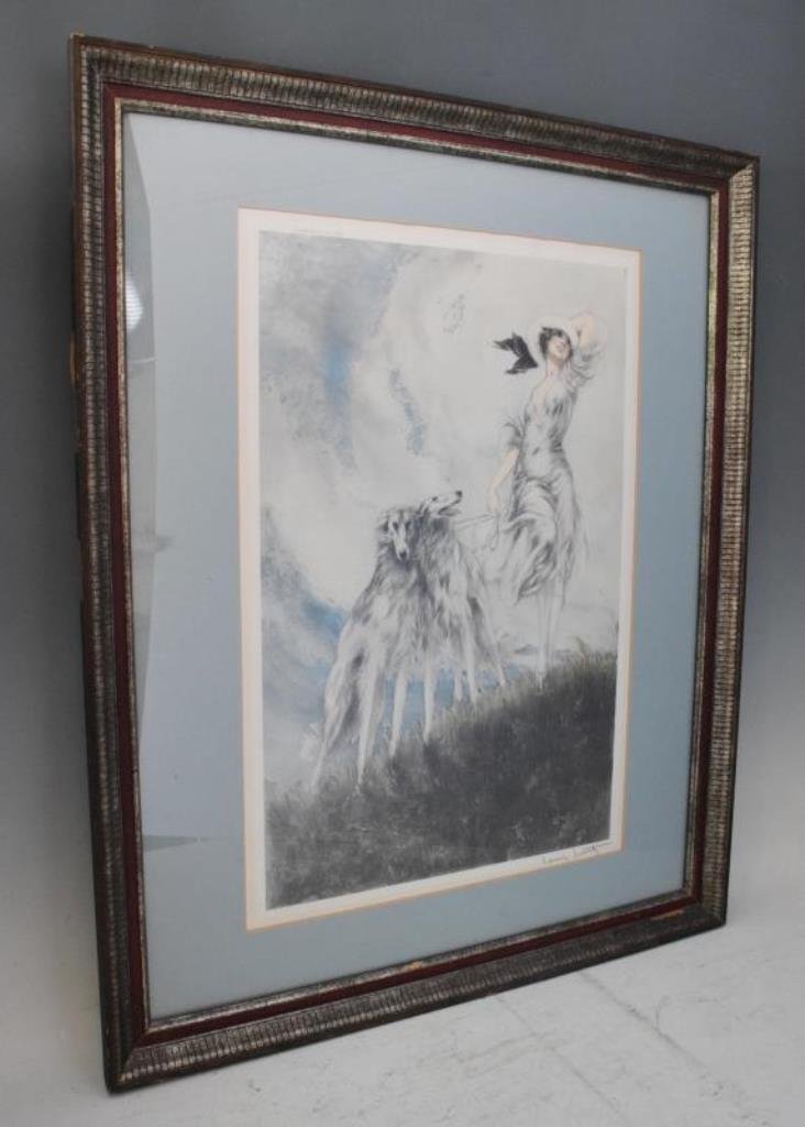 Reproduction of Louis Icart print: CMYK print reproduction of Louis Icart print entitle "The Joy of Life." Single mat framed. 24 inches height, 16 inches width sight. 33 inches height, 27 inches width framed.24"H x 16"W
