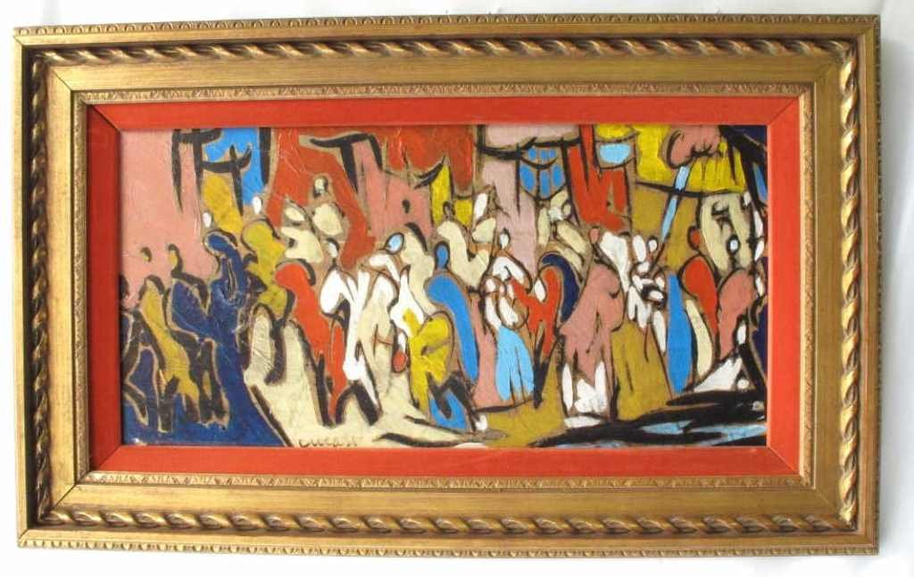 Pascal Cucaro Signed Oil on Panel: Signed Cucaro center-left. Painting depicts a busy market scene with a bustling crowd in a highly stylized modernist manner. Housed in a gilt frame. 12 inches height, 24 inches width sight. 19.5 inche