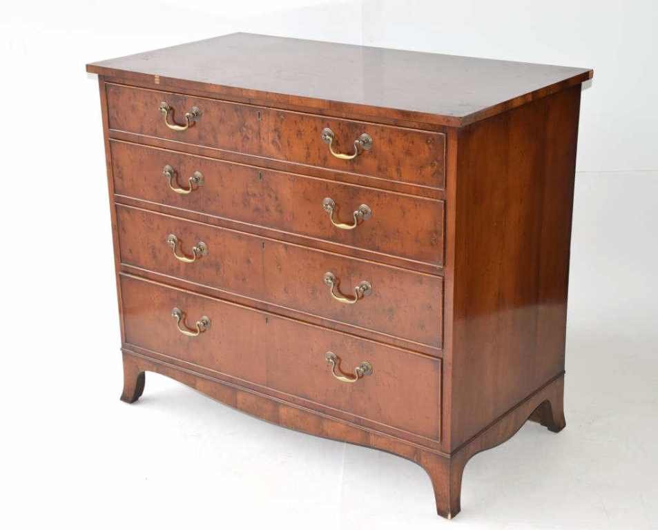 Birdseye Maple Chest of Drawers: Birdseye maple four drawer chest by Smith & Watson New York having bead edging on drawers, serpentine bottom skirt with bracket feet, all four drawers lock with key height 34 inches, width 40 inches,