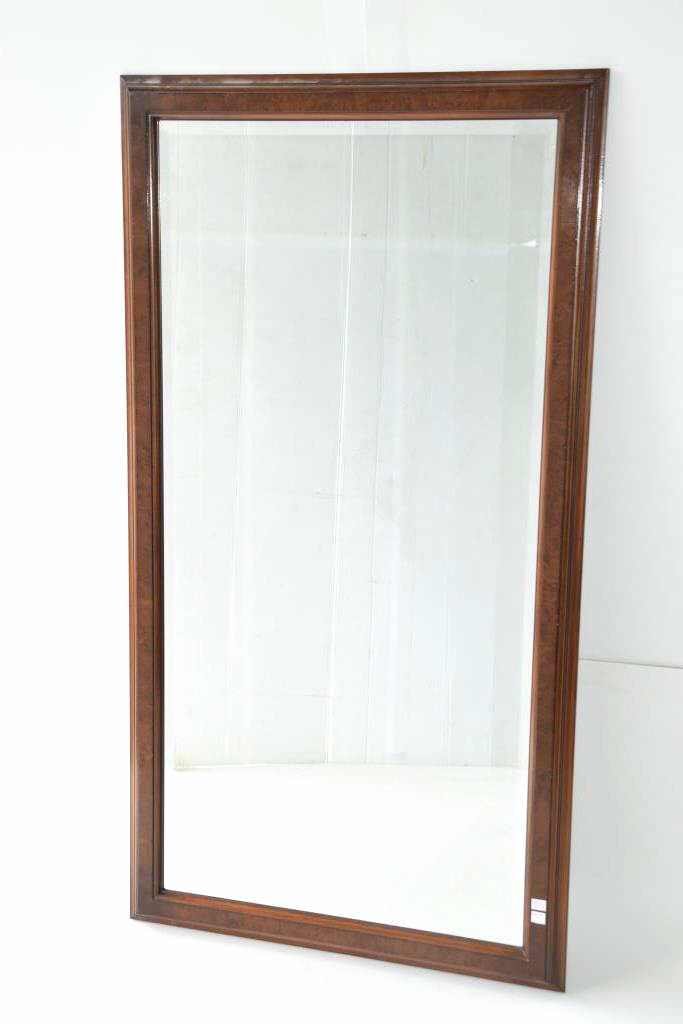 Smith & Watson Mirror with Burl Wood Frame: Beveled edge to mirror, Smith & Watson makers plaque on back of the mirror frame. 52.5 inches height, 28.5 inches width. 52.5 inches height, 28.5 inches width. 52.5"H x 28.5"W