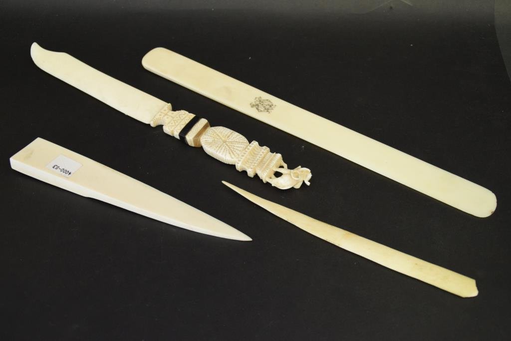 4 Pcs, Bone Letter Openers and a Page Turner: Monogrammed page turner, one with intricately carved handle with elephant finial, one carved into shape of a bird. Page turner measures 12 inches length. Note: Head broken off carved bird handle. Vari