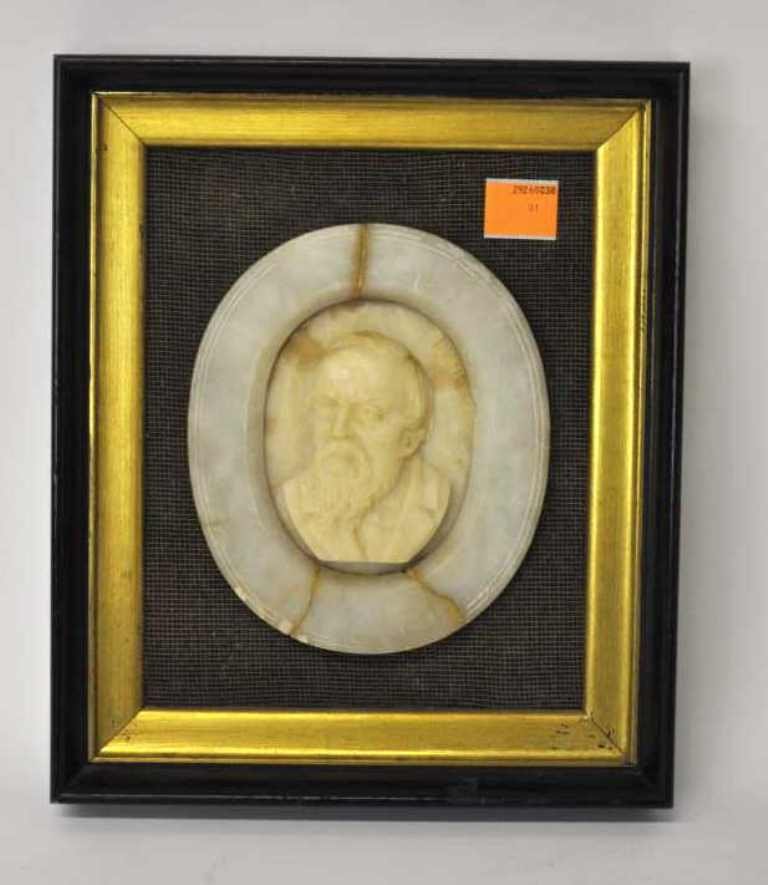 19th Century Carved Marble Sculpture: 19th century carved marble releaf sculpture of Benezit by Robert Wiedeman Barrett Browning, known as Pen Browning, (9 March 1849 – 8 July 1912) English painter. Oval sculpture measures height 7.5 in