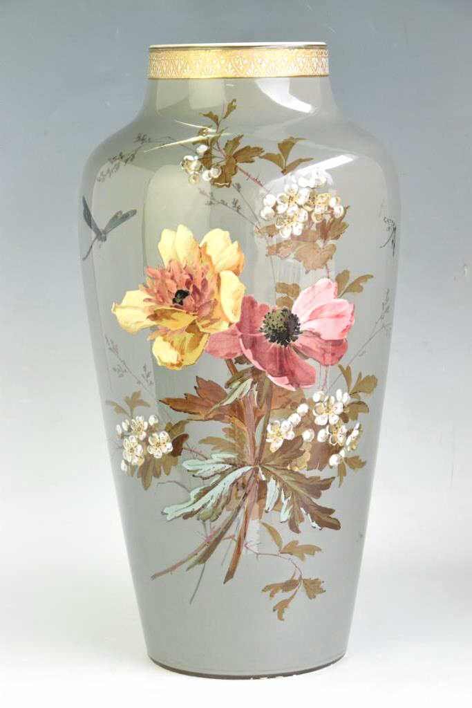 Hand Painted Porcelain Vase: In green and yellow tones with floral and dragonfly motif, dated 1925 on the bottom, attributed to Haviland, but no identifying marks present. Also stamped 1025 LFN on bottom. Half inch chip on foot r