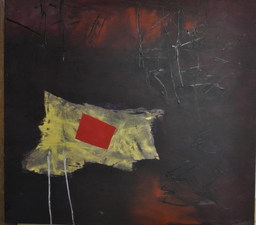 Ann Purcell (1941- ) Mixed Media on Canvas: Mixed media painting titled “Holding Nest, John’s Poem,” 1983 using oil painting, fabric collage, etc. Abstract composition in yellow, red, and orange on a purple ground. Unframed, signed on the