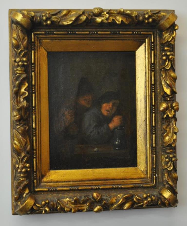 Oil on Canvas Genre Scene, Two Drunk Men (1 of 5)