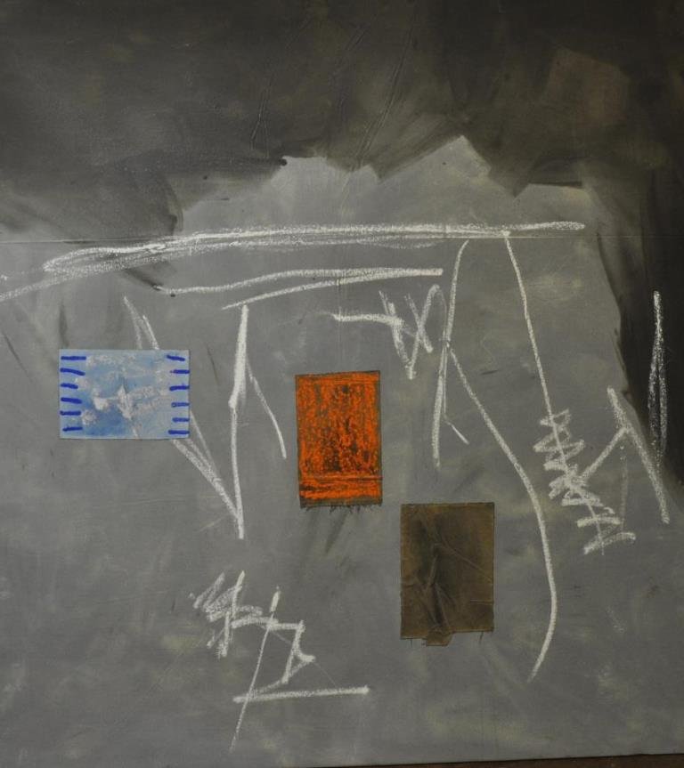 Ann Purcell (1941- ) Mixed Media on Canvas: Mixed media painting titled “Lascaux,” 1981, made with oil paint, fabric collage, oil sticks, etc of an abstract composition in gray, blue, and orange. Unframed, signed and titled on the back. Pai