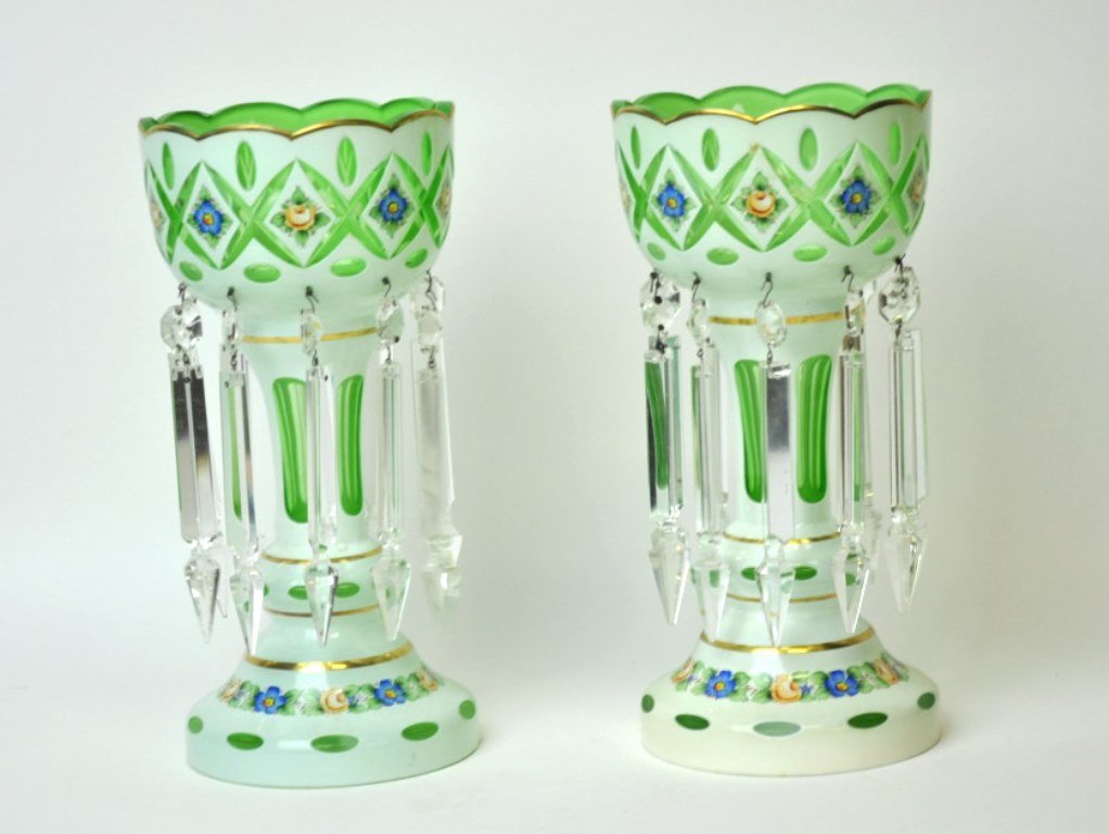 Pair Enameled Bohemian Glass Lusters (1 of 7)