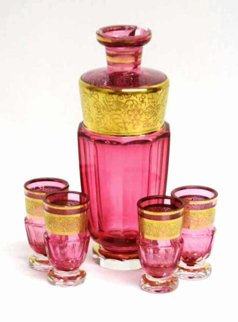 5 Pc Set Moser Cranberry Glass Decanter & Cordials (1 of 6)