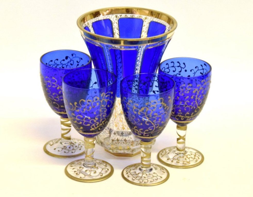 5 Pcs Moser Cobalt, Parcel-Gilt Bohemian Glassware (1 of 8)