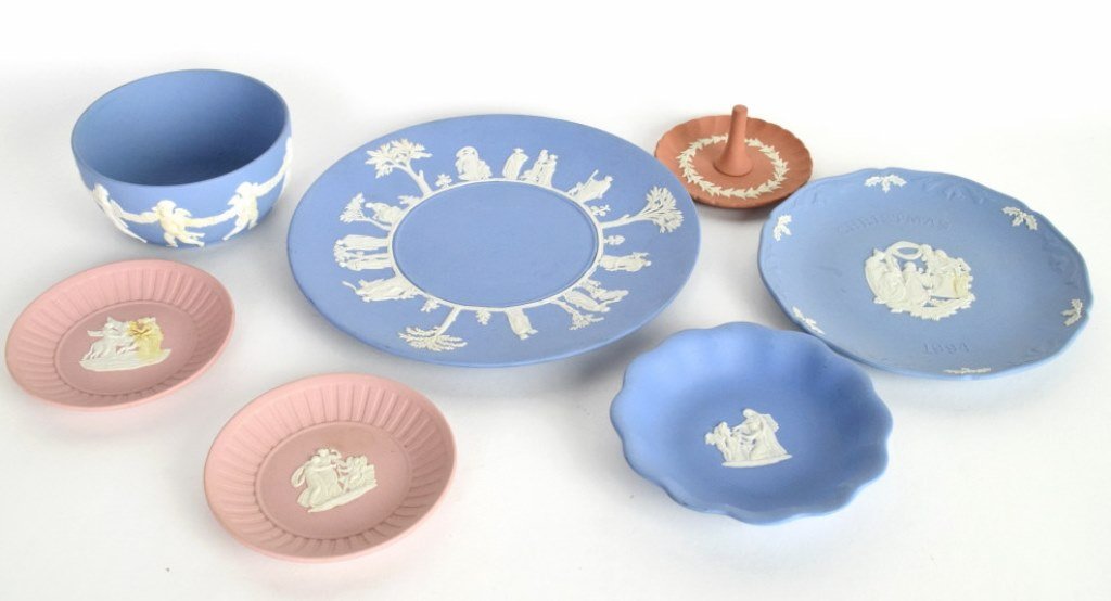 7 Pieces 20th C. Wedgwood Jasper Ware: Group includes 5 plates of various sizes, a bowl, and a candle holder, all bearing marks indicating 20th century manufacture. Largest piece, plate, measures 10 inches diameter. Various Sizes Various S