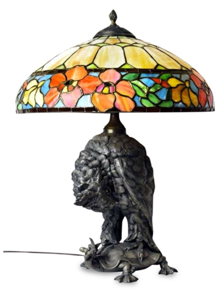 Cockatoo Lamp with Leaded Glass Shade