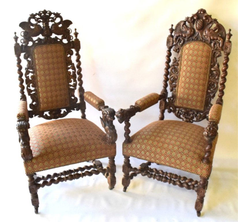 Pair Renaissance Style Carved Arm Chairs (1 of 10)