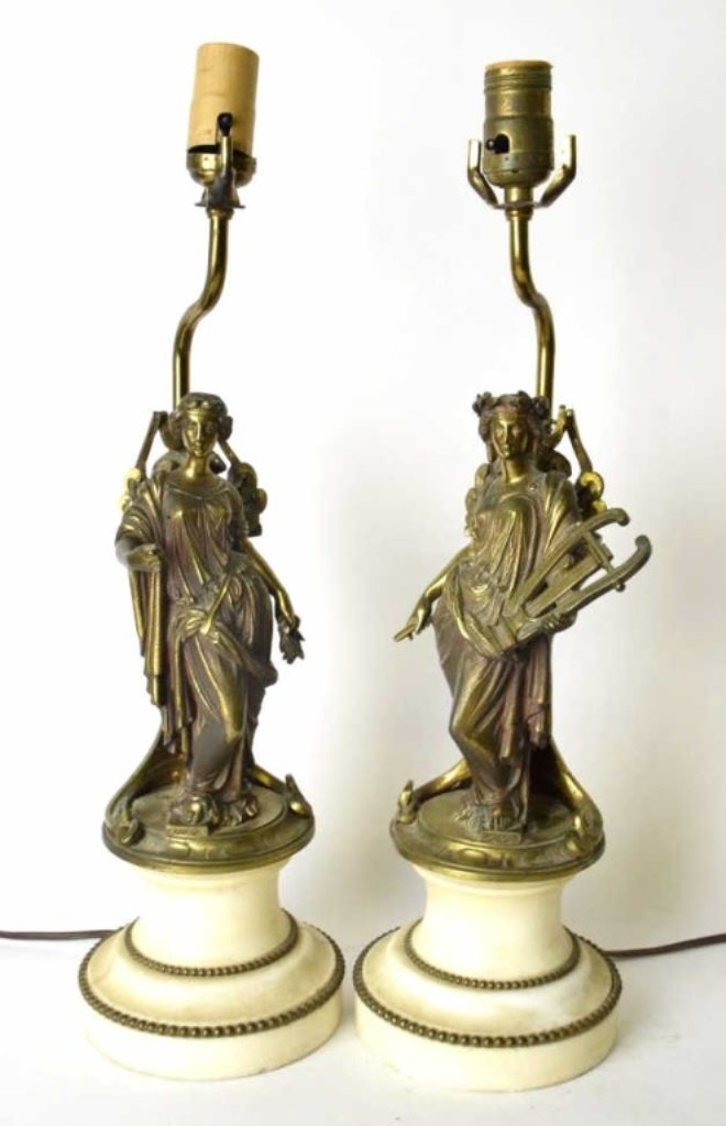 Pr Bronze Figural Lamps On Marble Base (1 of 10)