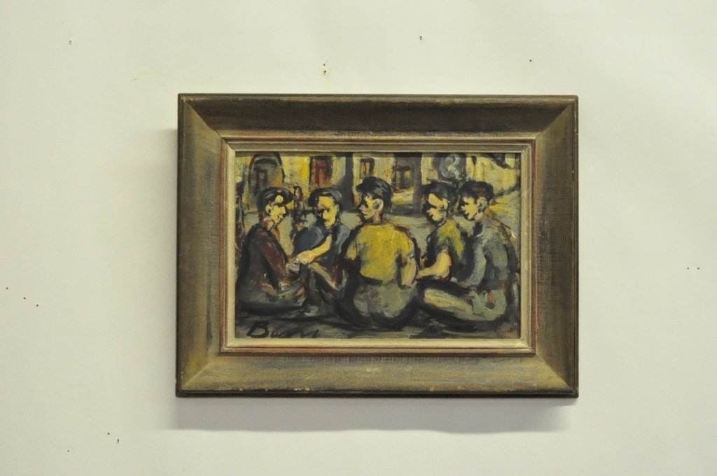 Ben Benn 1883-1884 Oil on Panel: Depicting seated youths in a courtyard. Signed lower left. Mounted in a molded frame. Measures 10 inches in height and 14.75 inches in width. _x000D_ 10" H x 14 3/4" W 10" H x 14 3/4" W Please careful
