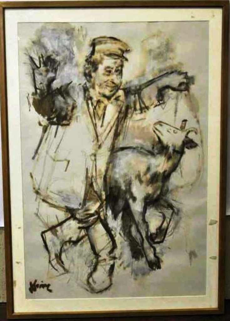 Jack Levine (1915-2010, American) Gouache on Paper: Painting by American artist Jack Levine titled “Jack Gilford as Shalom Aleichem,” 1982. Painting in yellow brown tones depicts a man and a goat in a style similar to Levine’s oil paintings, thou