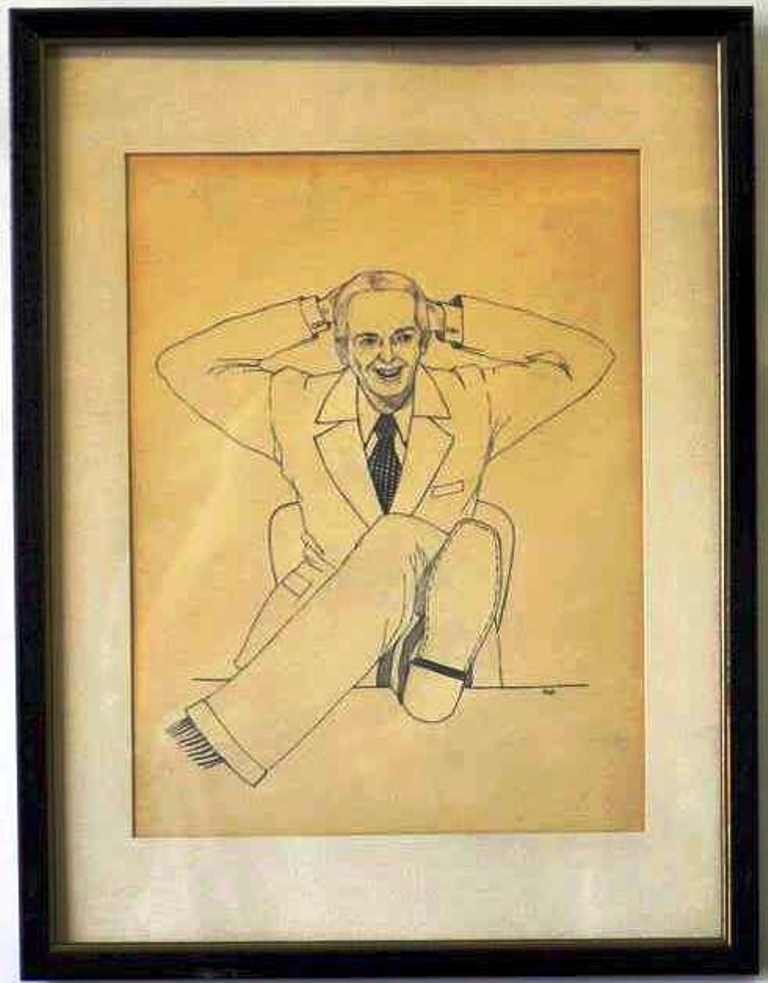 DLB Signed Portrait: Portrait in pen of a man in a suit. The confident, powerful manner in which he is depicted suggests he is a politician or executive. Signed "DLB" lower right. Single mat housed in a black frame with g