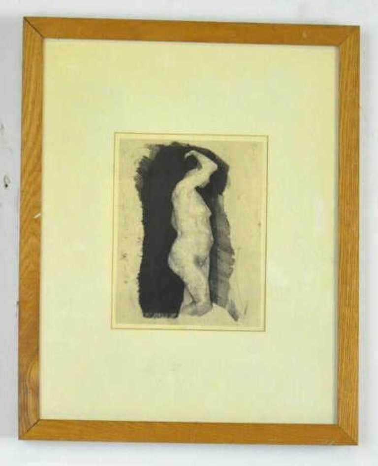 Kathe Kollwitz (1867-1945) Etching (re-strike): Etching on paper of a nude female figure contrasted against a black ground. Embossed lower by printer right "A.V.D. Becke / Muenchen-22." Single mat house din a wood frame. 7 inches height, 5.5 inches