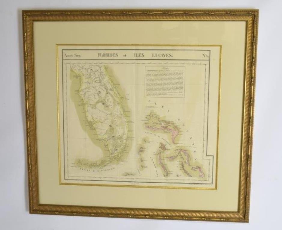 Phillipe Vandermaelen 19th C. Lithograph: Hand Colored. Map published 1825-1827 by Belgian publisher P. Vandermaelen showing Florida and the Bahamas noting early colonies and roads. From Vandermaelen's "Atlas Universel de Geographie." Single