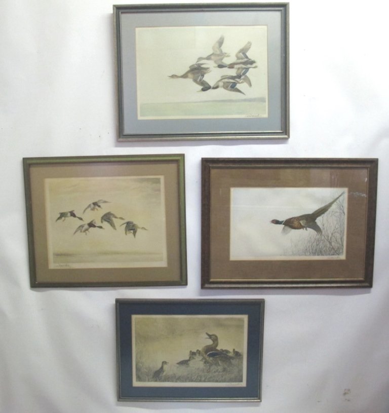 Group 4 Leon Danchin Signed Lithographs: group of four color prints depicting pheasants and ducks in full color lithographs and signed lower left or right on each in pencil. Each single mat housed in a wood frame. 14.25 inches height, 22.25