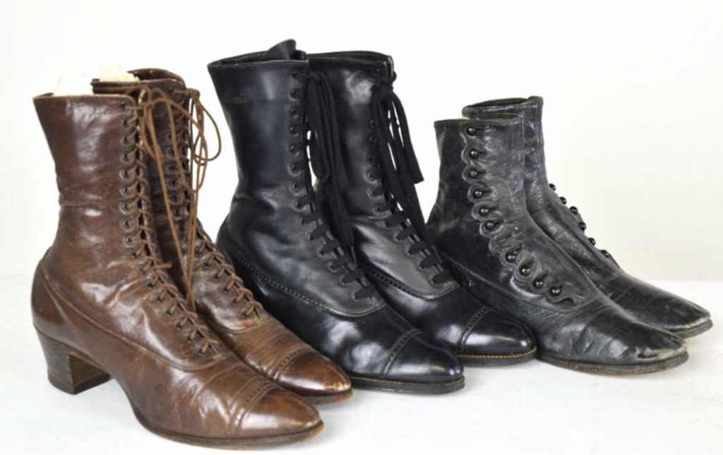 3 Pairs Late 19th century Boots: Late 19th early 20th century boots in leather, with 1 to 2 inch heels. No sizes visible. Largest measures 10.5 inches height, 10 inches width, 3 inches depth. Various Sizes Good, some wear to leather