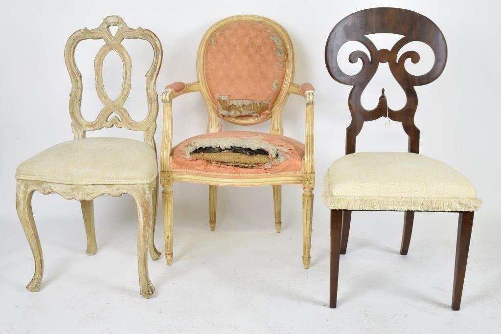 Group 3 Chairs: French, Italian, and one Beidermeier chair. French and Italian chairs painted. 39 inches height, 19 inches width, 17.5 inches depth. 39"H x 19"W x 17.5"D. Upholstery damage. 39"H x 19"W x 17.5"D.