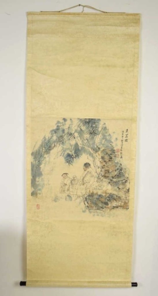 Chinese Watercolor Hanging Scroll: Painting depicting an older man and a girl in a clearing in a forest. 27 inches height, 25.75 inches width painted area. 72 inches height, 32 inches width total area. 27"H x 25.75"W. Good condition. 2