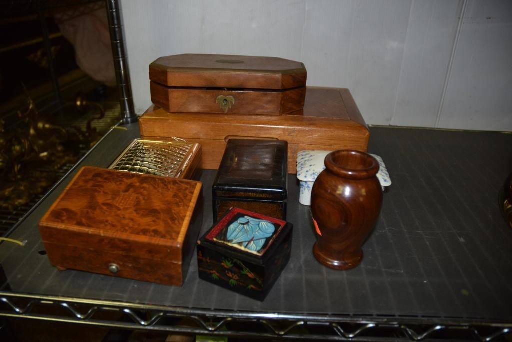 Group Lot Decorative Boxes: Group of 7 wood ceramic and metal boxes, and one vase in varying conditions various sizes some with flaws various sizes