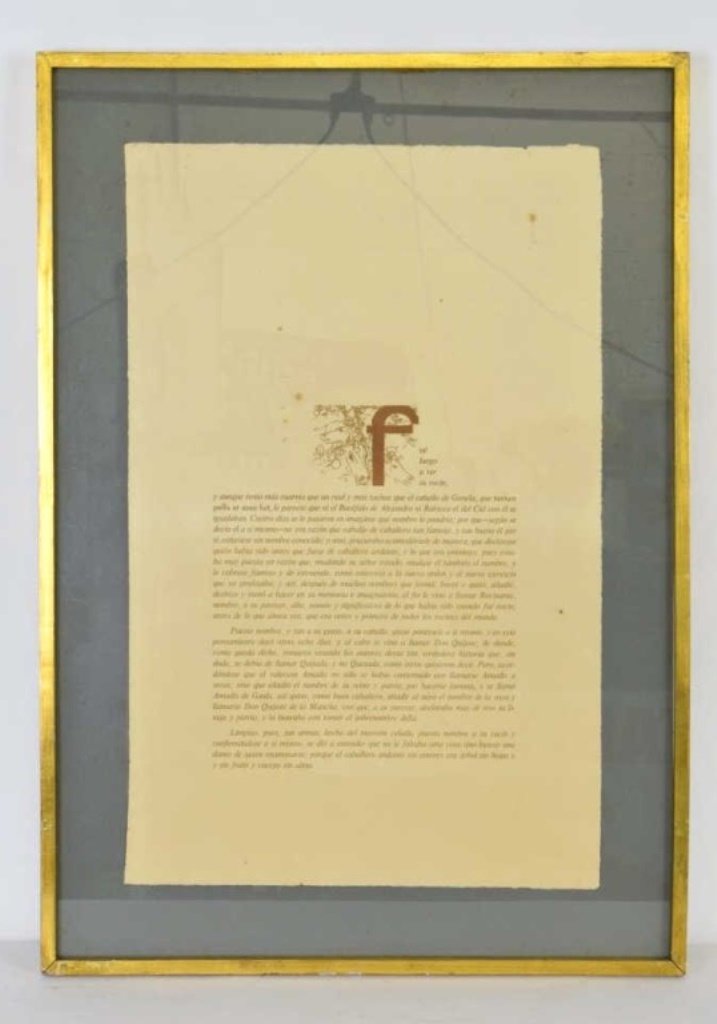 Gregorio Prieto Engraving: Story engraving housed in a gilt wood frame. Sight: 30 inches height, 19 inches width. Overall 37.5 inches height, 26.5 inches width. Foxing to paper Sight: 30"H X 19"W. Foxing to paper. Sight: 30"H X