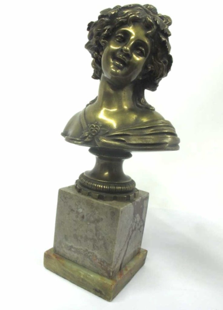 French Bronze Bust of a Woman Mounted on Marble (1 of 8)