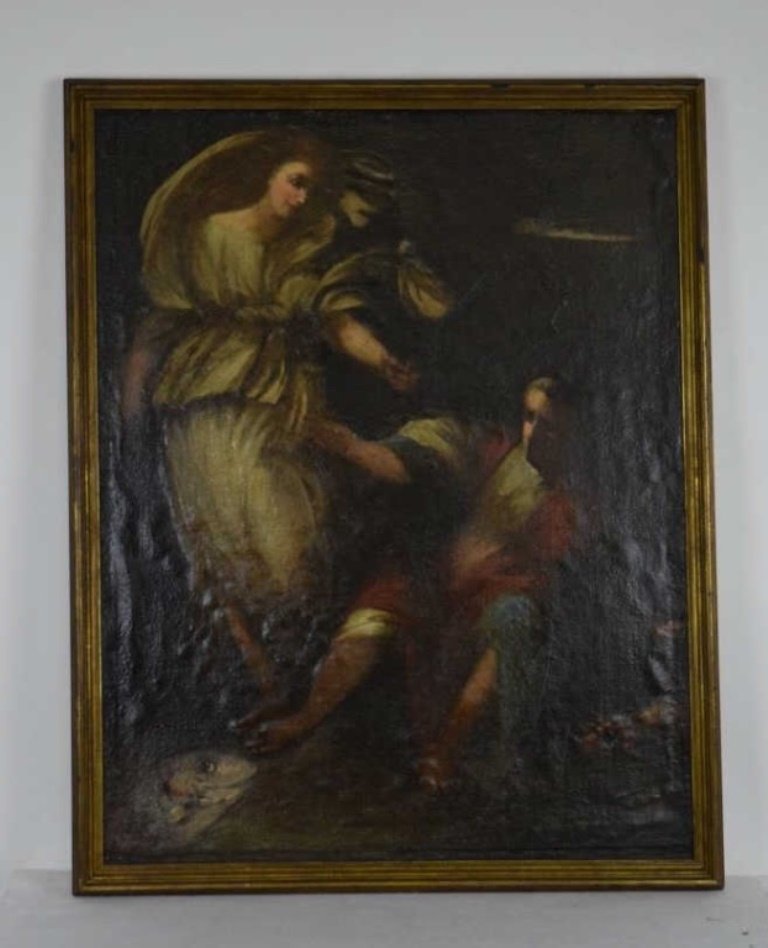 Italianate Oil on Canvas mtd on Panel: Religious painting depicting a man and a woman in dramatic lighting, the woman extends her hand to the man who is seated on the ground. Below them a fish is prominently painted in the lower left foreg