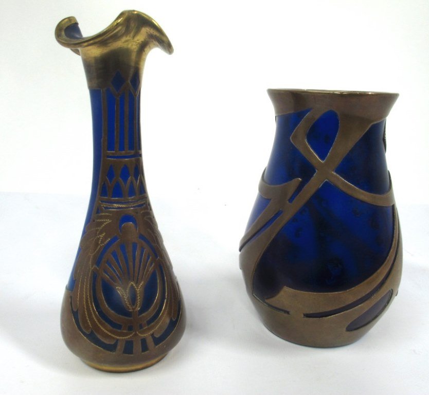 Two Art Nouveau Glass Bronze Overlay Vases (1 of 10)