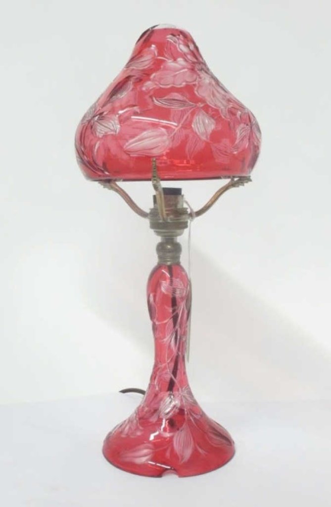 British Cranberry Intaglio Cut Glass Lamp (1 of 6)