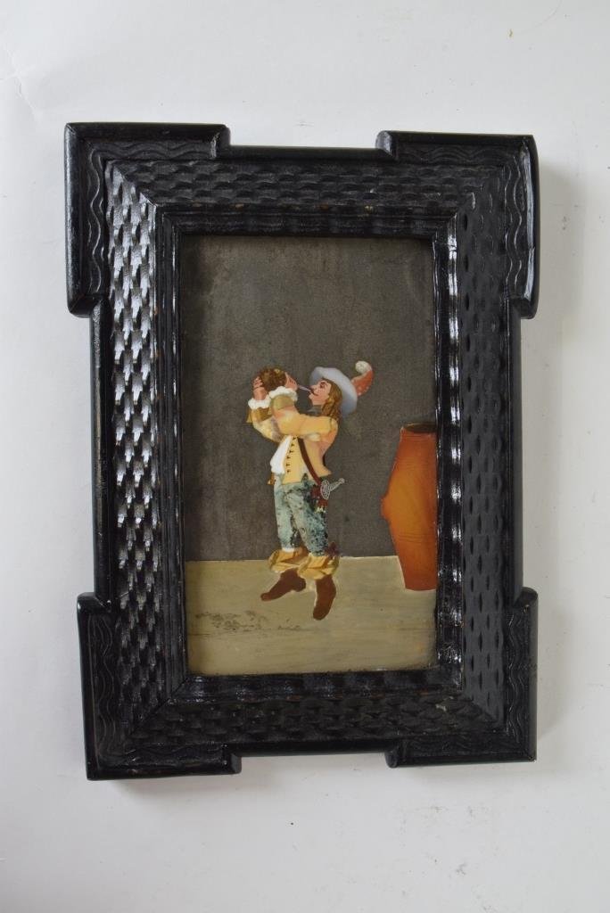 After Merlini Signed Pietra Dura Plaque: Pietra dura plaque depicting a cavalier figure drinking from a wine jug. Signed upper right "Merlini." Housed in a black basket weave frame. 6.75 inches height, 4 inches width sight. 10 inches height,