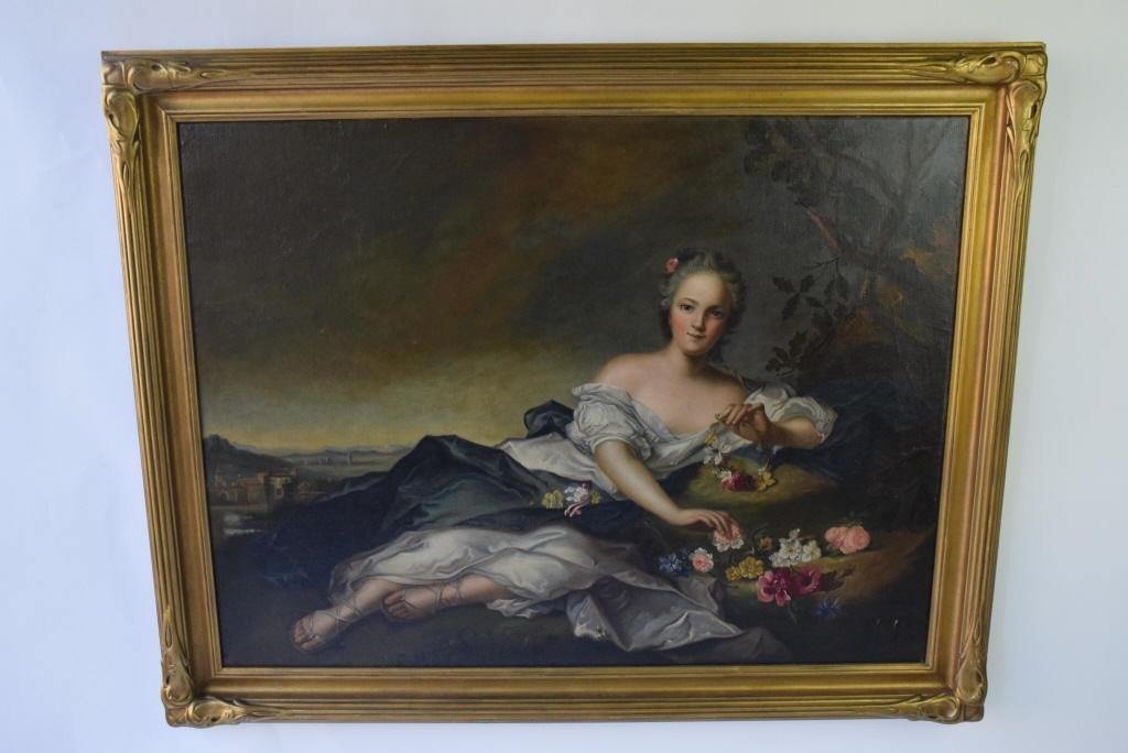 Large Oil Painting Reclining Female: Large oil on canvas on masonite board depicting a reclining female housed in gilt Art Nouveau frame painting measures height 30.5 width 40.5 overal;l with frame height 37" width 47" Note repaired and 