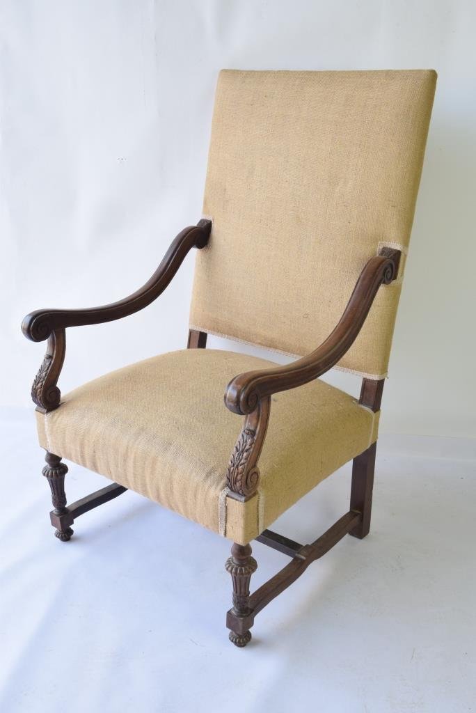 Italian Arm Chair: Italian arm chair having burlap upholstery heavily carved arms and front legs with stretcher height 47.5" width 27" depth 23" 47.5" H x 27" W x 23" D Very good
