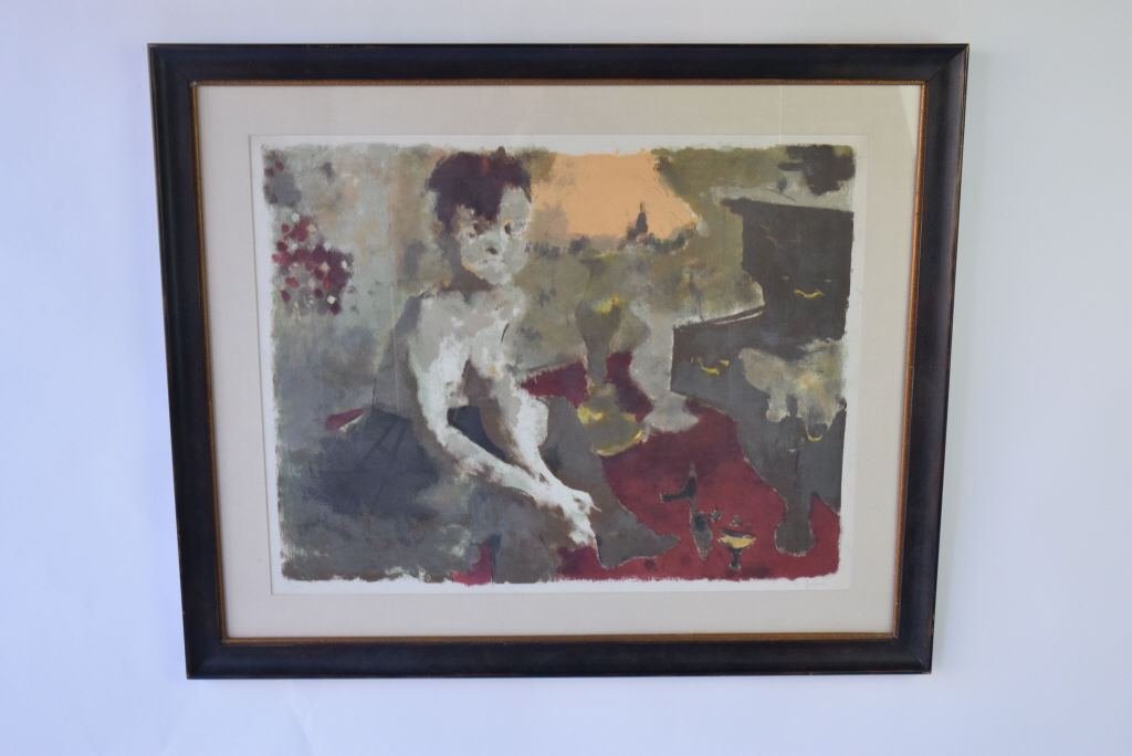 Jack Levine Signed Serigraph: Jack Levine (1915 - 2010) signed and numbered serigraph " Blue Angel" depicting surrealistic child signed in pencil lower right and numbered 39/100 housed in dark wood frame with gilt inner frame unde