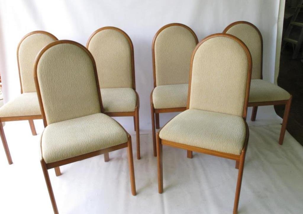 Set 6 Mid Century Danish Chairs: Having teak wood frames with rounded backs and ivory corduroy-upholstered back and seat. 38 inches height, 19.5 inches width, and 19 inches depth. 38" x 19.5" x 19" Seating 38" x 19.5" x 19"