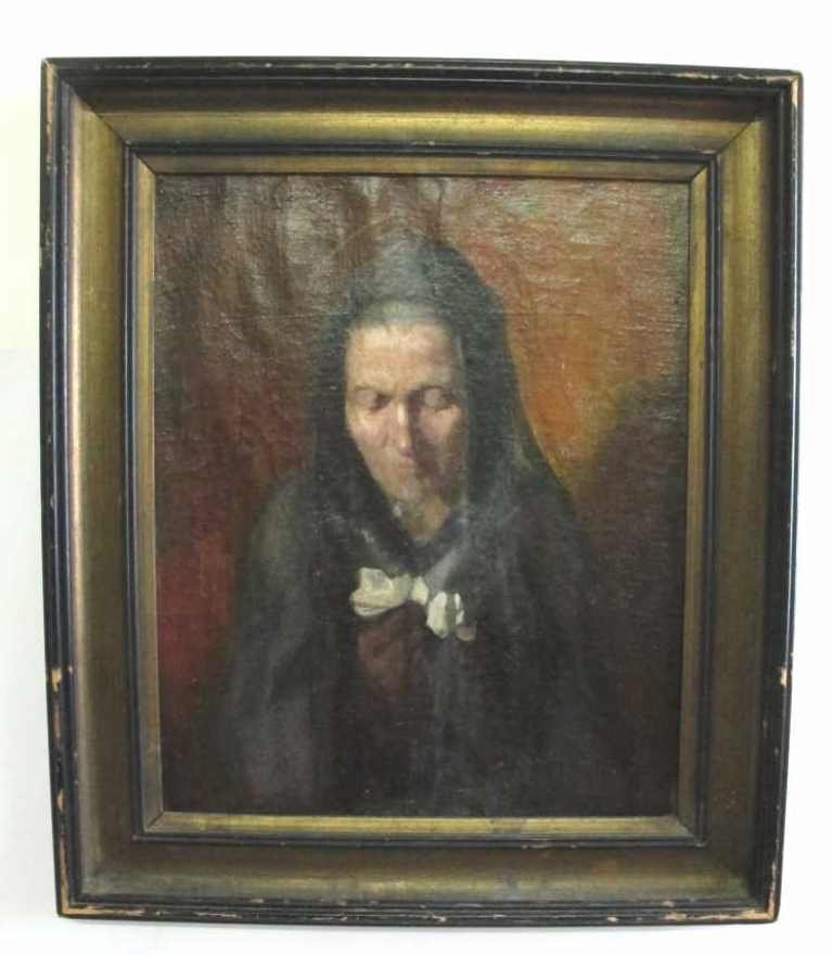 Oil on Canvas Portrait of a Woman: Oil on canvas portrait of a cloaked woman with downcast gaze holding white flowers or a handkerchief. Housed in a recessed wood frame and illegibly signed to upper left. 25 inches height, 20.5 inches 